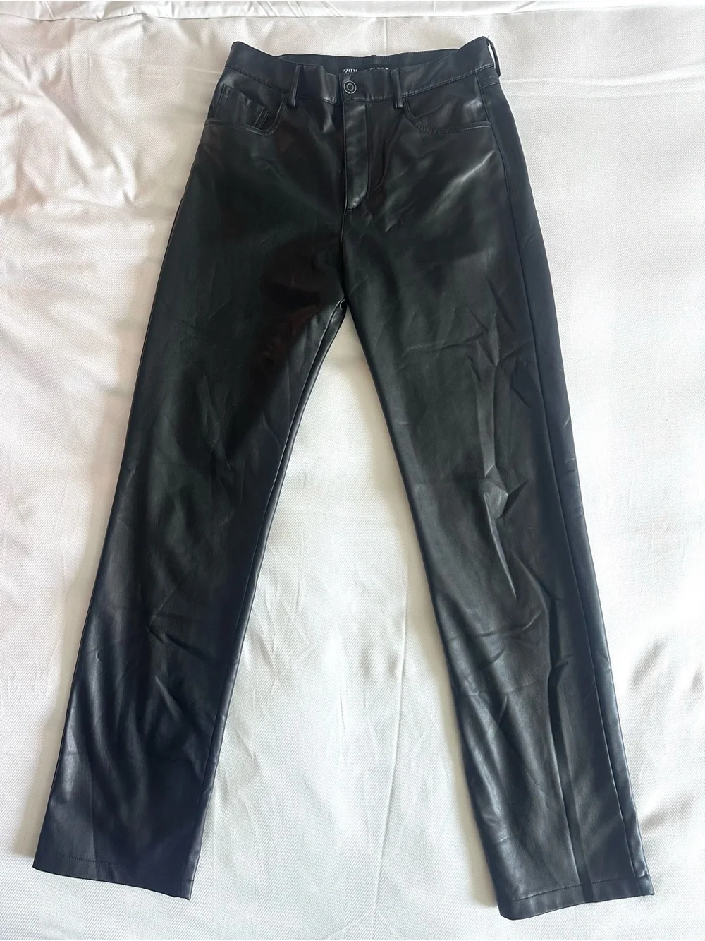 Zara Black Faux Leather Straight Leg Pants Jeans S - Picture 3 of 6